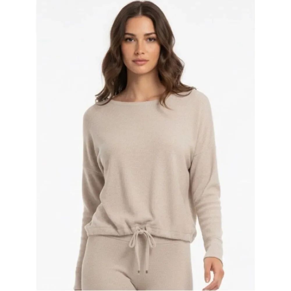 EXPRESS | Beige Long Sleeve Ribbed Top Drawstring Hem Women’s Size Medium